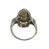 Vintage Art Deco Revival Solid 18kt White Gold, Diamond, and Lab Sapphire Dinner Ring Size 6.75