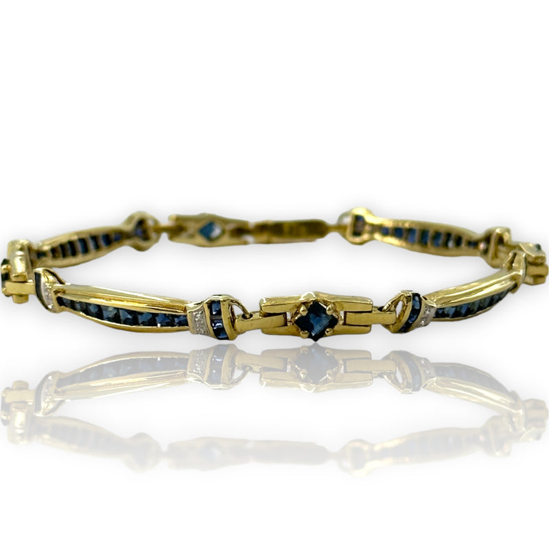 Kahn Bros Antique 1930-40s Lab Sapphire and Natural Diamond Alternating Link Bracelet in 18kt Yellow Gold