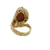 Italian 1980s Brutalist 18kt Yellow Gold and Cabochon Coral Textured Cocktail Ring Size 6