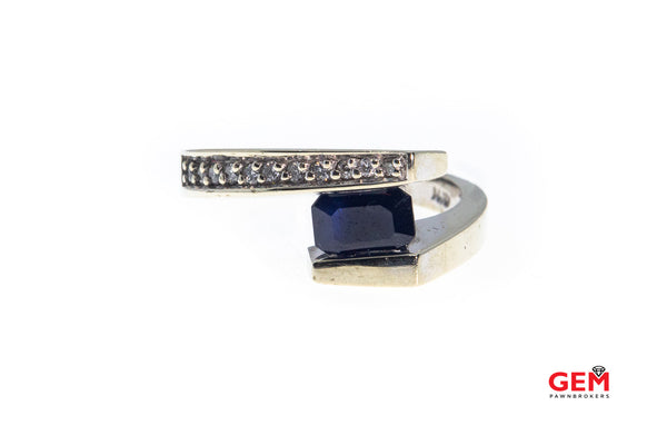 BITA Natural Emerald Cut Sapphire & Diamond Accent Wrap Band 18K 750 White Gold Ring Size 6 3/4