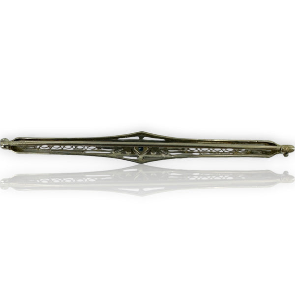 Antique 1920s Platinum and 18kt White Gold Filigree Sapphire Bar Pin by Batchelder