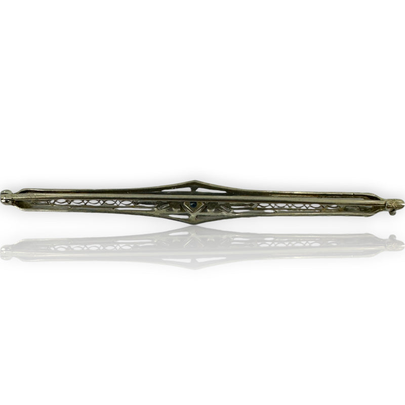 Antique 1920s Platinum and 18kt White Gold Filigree Sapphire Bar Pin by Batchelder