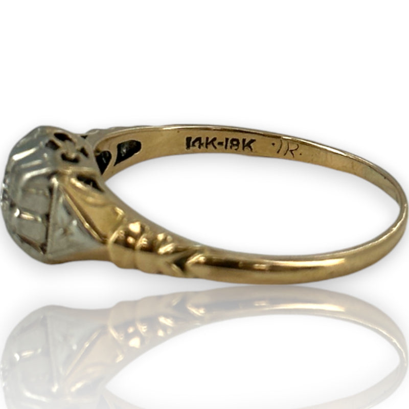 Antique 1930s Art Deco 14kt Yellow and 18kt White Gold Diamond Solitaire Ring with Shoulder Details Size 6.5