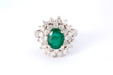 Vintage 1960-80s Solid 14kt White Gold Oval Prong-Set Emerald Cocktail Ring with Double Halo of Diamonds Size 6.5