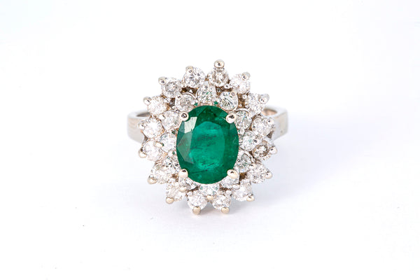 Vintage 1960-80s Solid 14kt White Gold Oval Prong-Set Emerald Cocktail Ring with Double Halo of Diamonds Size 6.5