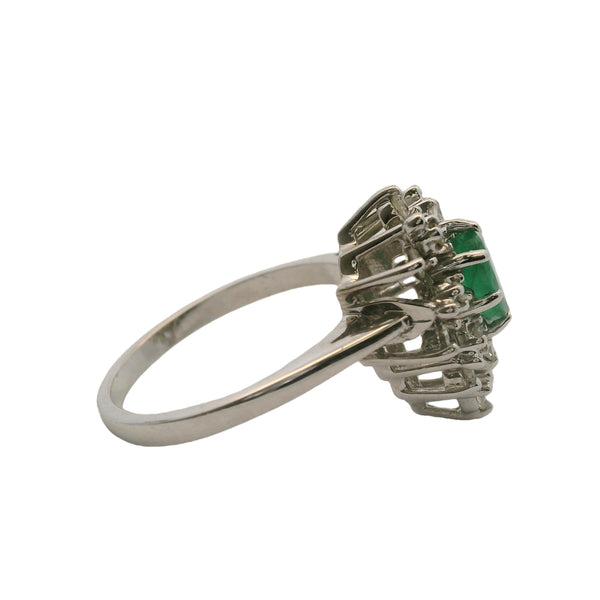 14kt White Gold and Pear Cut Emerald Ring with Cluster Diamond Halo Size 6.25