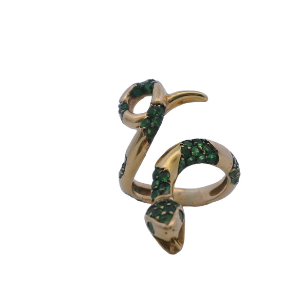Solid 14kt Yellow Gold and Vivid Green Tsavorite Winding Fanged Snake Ring Size 5