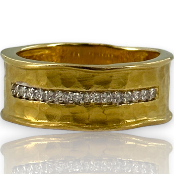 I. REISS Solid 14kt Yellow Gold Scalloped Textured Hammer-Finish Ring with Burnish Set Diamonds Size 7
