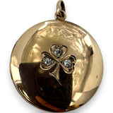 Antique Victorian Solid 10k Rose Gold and 0.30ctw Old Mine Cut Diamond Good Luck Clover Round Locket with Engraved Back Charm Pendant