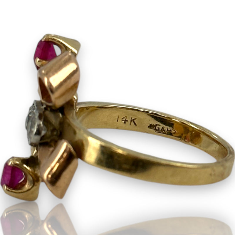 Retro 1930-40s Gochman & Held Solid 14kt Rose, Yellow, and White Gold Cocktail Ring with Old Mine Cut Diamonds and Lab Rubies Size 6