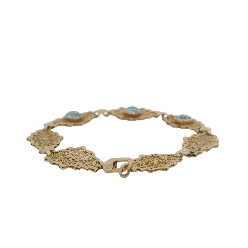 Late Art Deco 1930s 14kt Yellow Gold Filigree Openwork Geometric Link 7.4" Bracelet with 3 Natural Blue Zircons