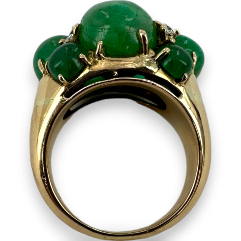 Vintage 1950-70s Large Cabochon Vivid Green Emerald Cluster Cocktail Ring Solid 13k Yellow Gold with Diamond Accents Size 8