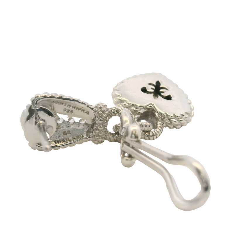 Judith Ripka Solid 925 Sterling Silver and CZ Heart Cluster Drop Dangle Omega-Back Earrings