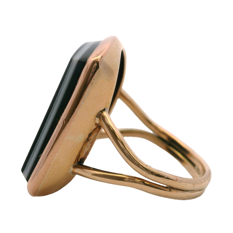 Antique Late Victorian Flat-Top Onyx Banded Black and White Cocktail Ring Size 5.5
