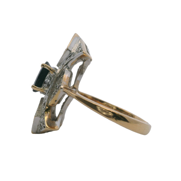 14kt White and Yellow Gold Statement Dinner Ring With Center Sapphire and Diamonds Size 6