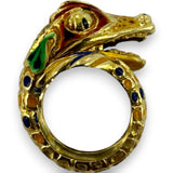 Vintage 1970s-80s 18kt Yellow Gold and Painted Enamel Lizard/Snake/Dragon Wrap Statement Ring Size 4 Made in Italy