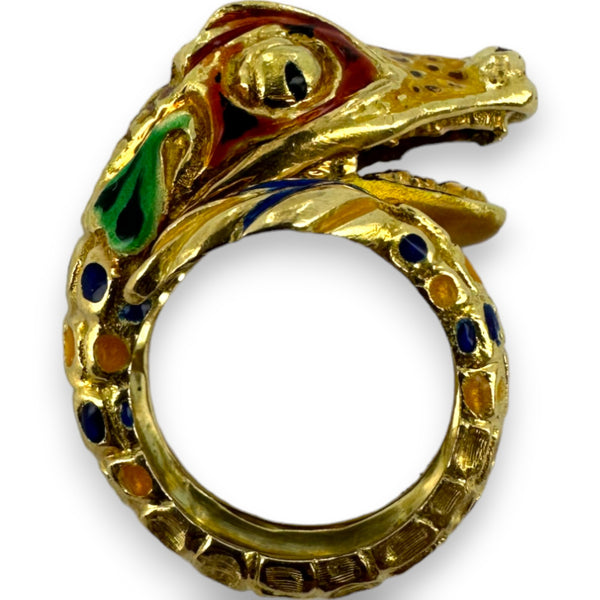 Vintage 1970s-80s 18kt Yellow Gold and Painted Enamel Lizard/Snake/Dragon Wrap Statement Ring Size 4 Made in Italy
