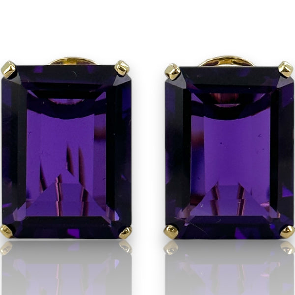 Vintage 1960-80s 14kt Yellow Gold Omega-Back Stud Earrings with Emerald-Cut Russian Amethysts