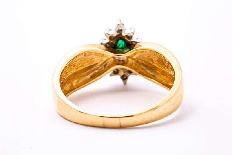 Anillo de oro amarillo y blanco 585 de 14 quilates con halo de diamantes y esmeralda talla marquesa, talla 7 1/2