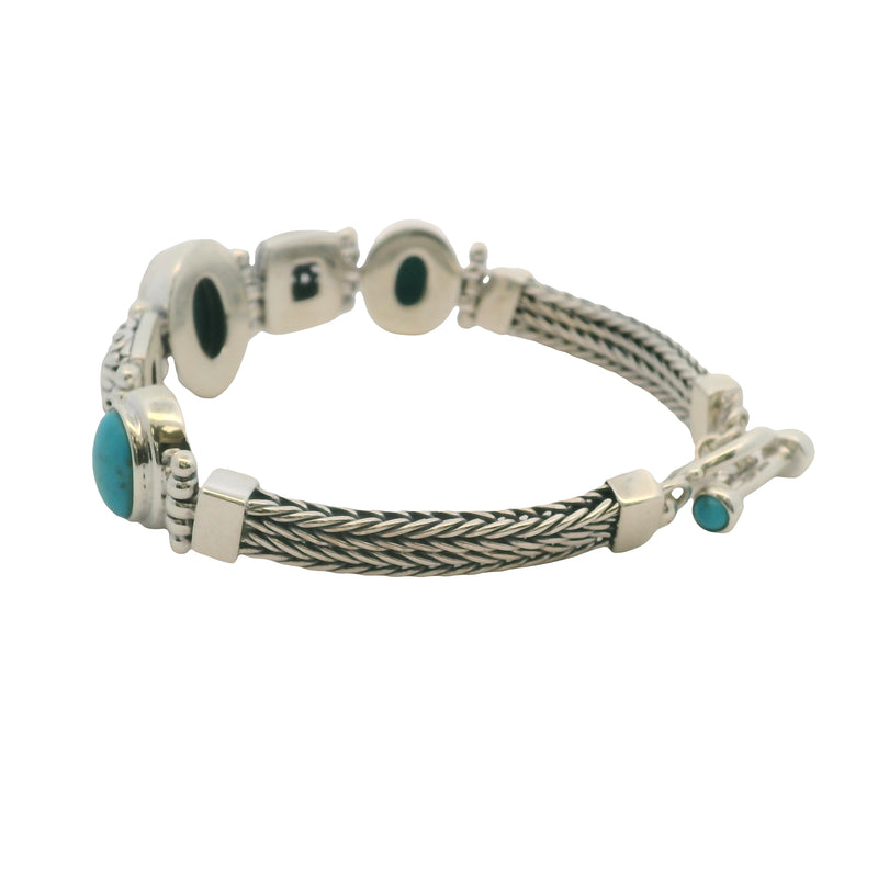 Solid 925 Sterling Silver and Cabochon Blue Turquoise Braided Toggle Bracelet 8"