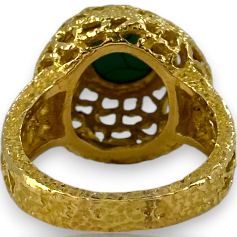 Vintage 1970-80s18kt Yellow Gold Openwork Hammered Finish Cocktail Ring with Cabochon Turquoise Size 8