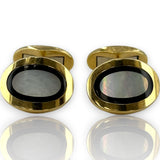 Asprey London Solid 18kt Yellow Gold Heavy 16g Whale-Back Oval Cufflinks with Inlaid Mother of Pearl and Onyx