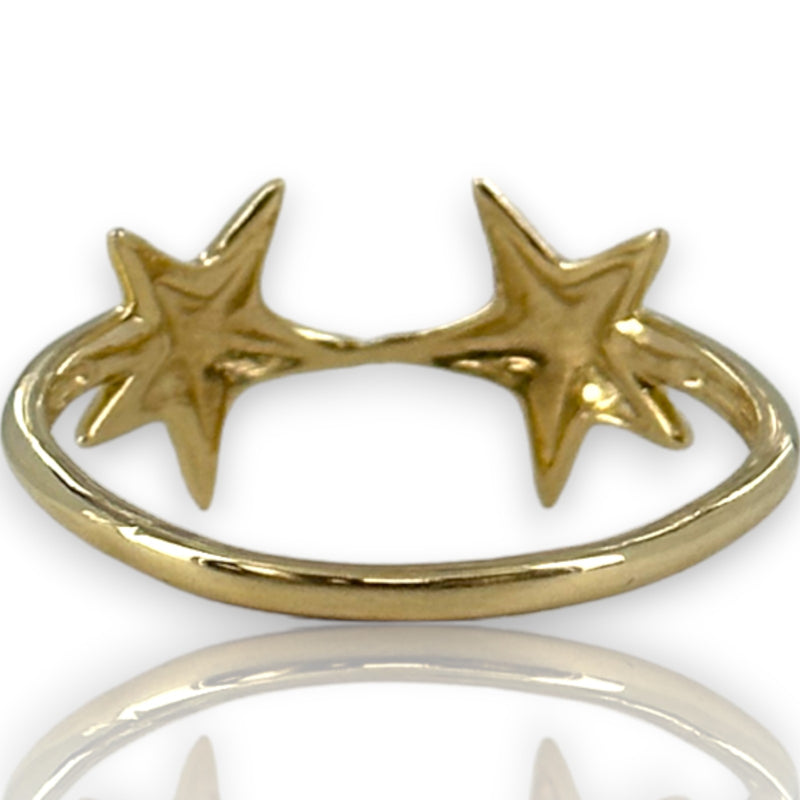 14kt Yellow Gold Double Star Ring with Thin Band Size 10.75