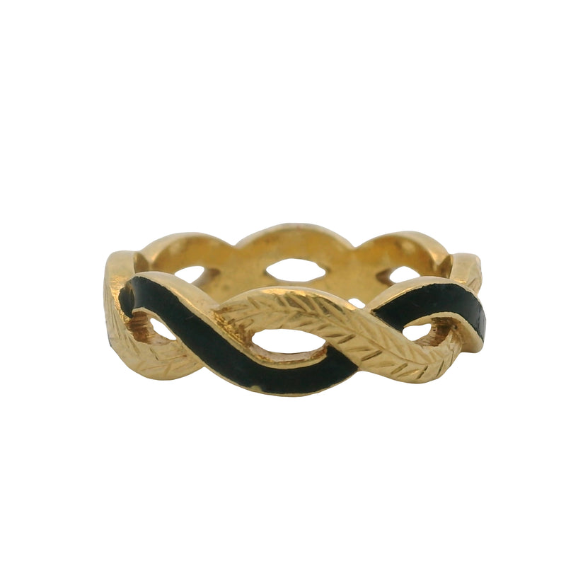 Solid 18kt Yellow Gold and Black Enamel Woven Twisted Wheat Pattern Band Ring Size 6.75