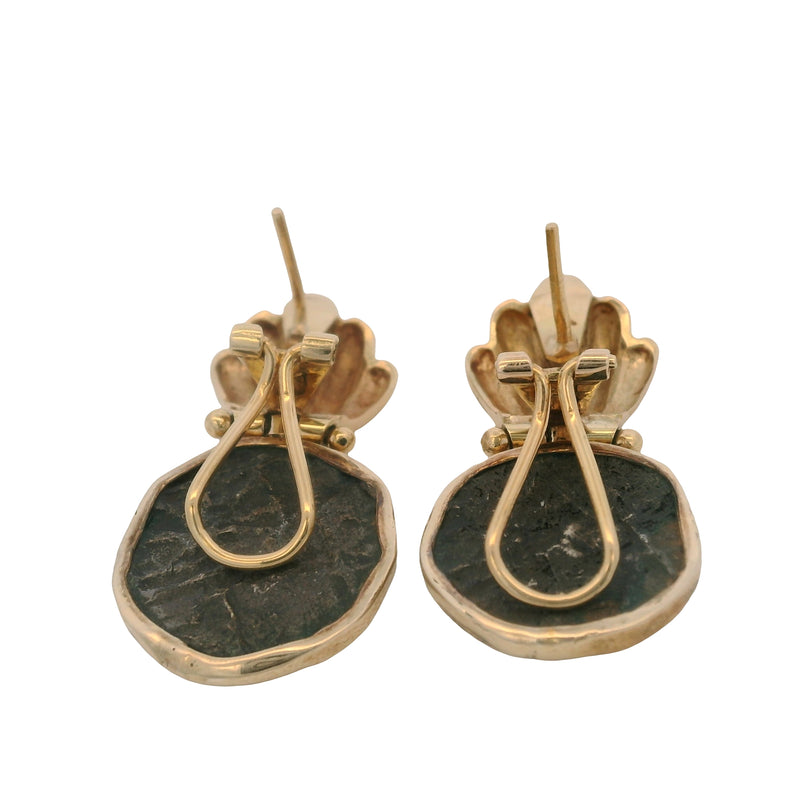 1980s Solid 14kt Yellow Gold Bezel-Set Atocha Shipwreck Coin Omega-Back Drop/Dangle Earrings