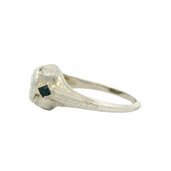 Antique 1920s Art Deco 18kt White Gold and Octagon Set Diamond Solitaire Ring with Lab Sapphire Sides