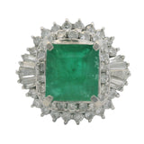 Vintage Platinum Cocktail Ring Center Bright Green Emerald Diamond Halo Size 6