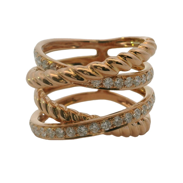 Solid 18kt Rose Gold Stacked Rope Crossover 16mm Ring with 0.84ctw of Diamonds Size 7