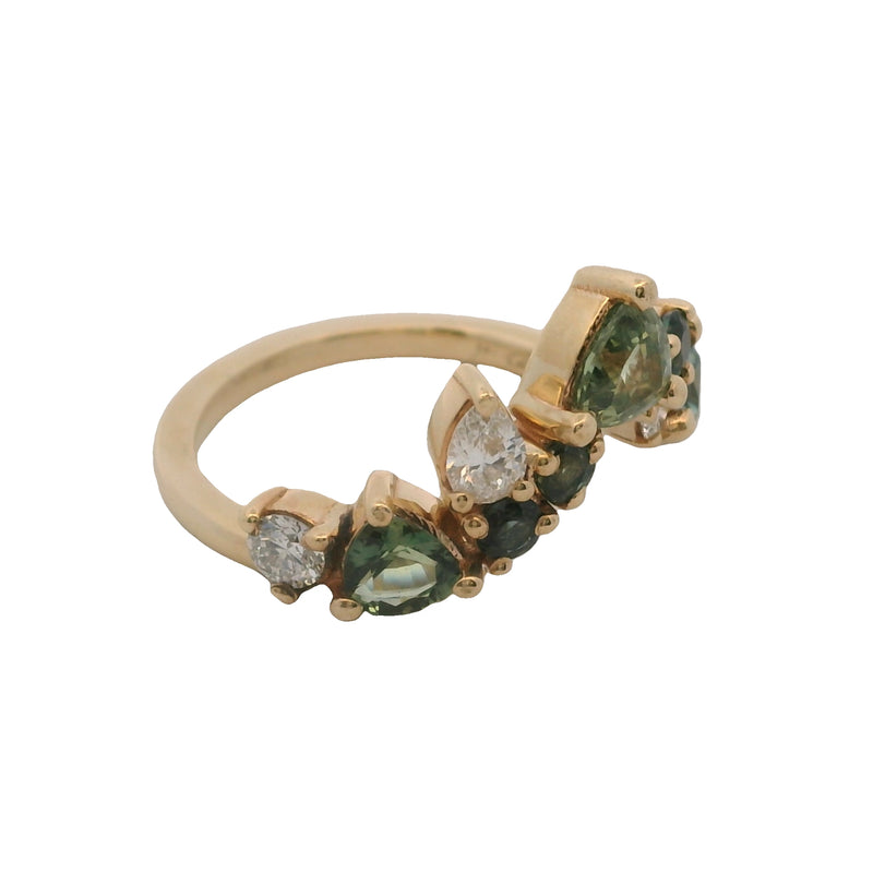 14kt Yellow Gold Blue and Green Sapphires and Diamond Chevron Crown Ring