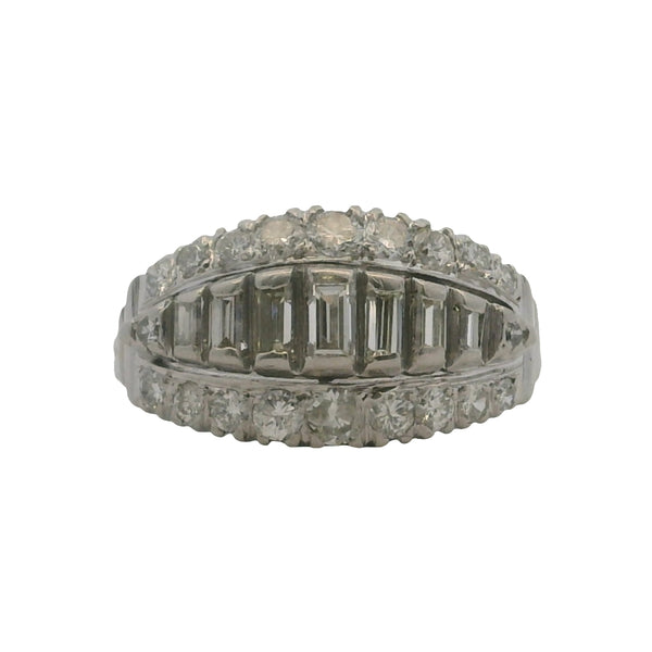 Vintage 1940-50s Platinum Baguette and Round Diamond Graduated Cocktail Ring Size 7
