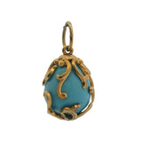 Vintage Solid 14kt Yellow Gold and Turquoise Decorated Scroll Egg Necklace Pendant
