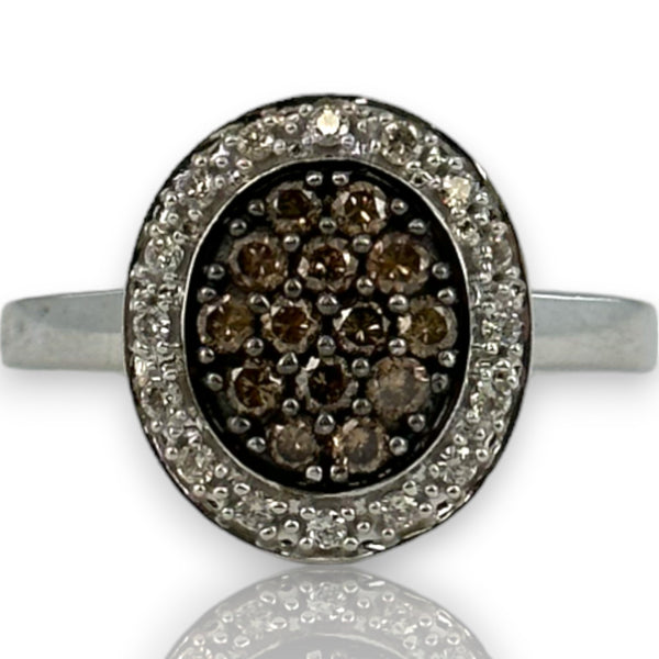 LeVian Solid 14kt White Gold Cluster Ring with Cognac Chocolate Diamonds and White Vanilla Diamond Halo Size 7