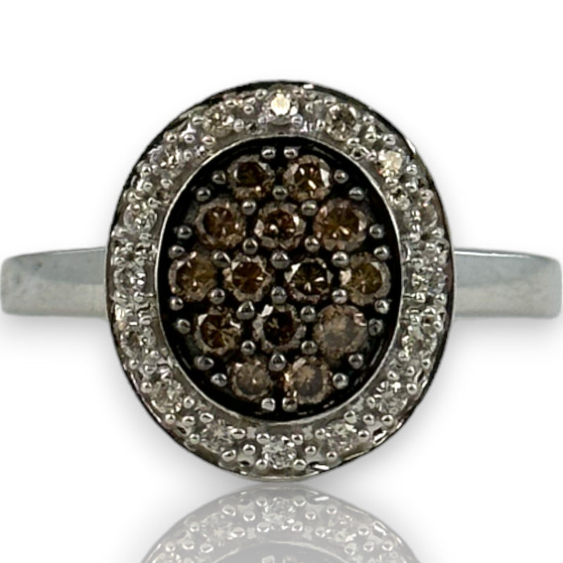 LeVian Solid 14kt White Gold Cluster Ring with Cognac Chocolate Diamonds and White Vanilla Diamond Halo Size 7