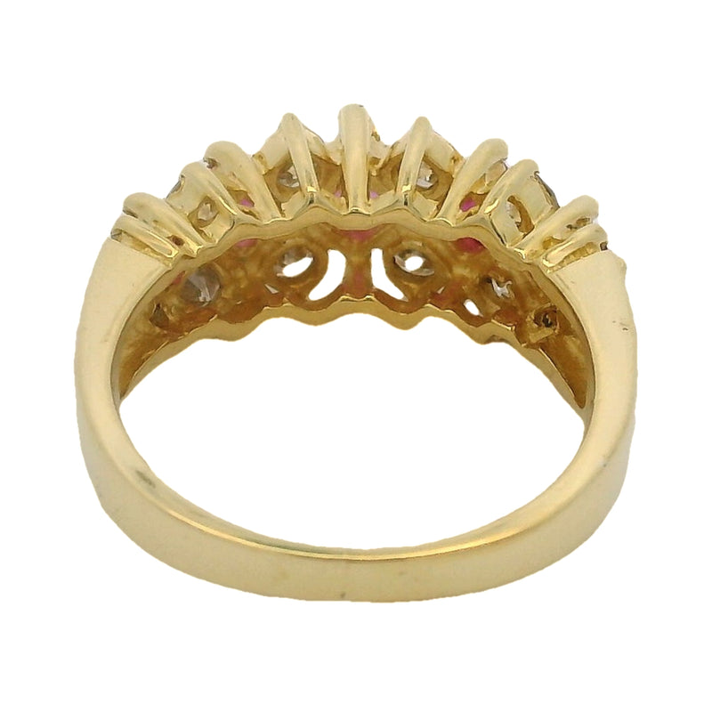 14kt Yellow Gold, Square Cut Ruby, and Diamond 7.5mm Half-Eternity Cluster Ring Size 4.75