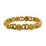 Vintage 1980s Brutalist Solid 18kt Yellow Gold Nugget 8.25" 46.6g Bracelet With Rubies and Sapphires