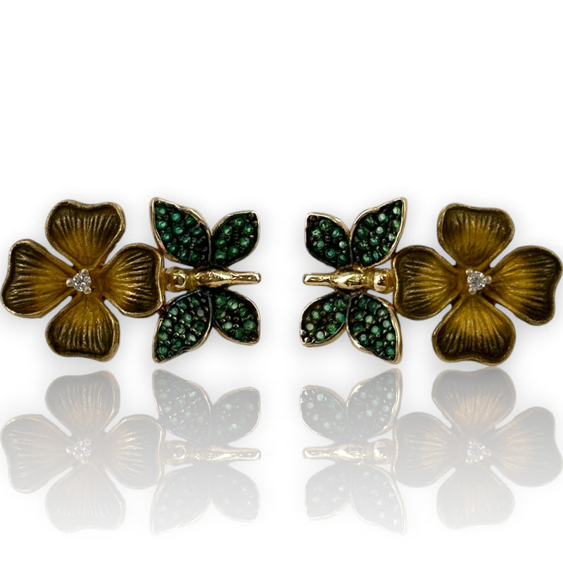 14kt Solid Yellow Gold Flower and Green Butterfly Snap Closure Stud Earrings with CZ Cubic Zirconia Stones