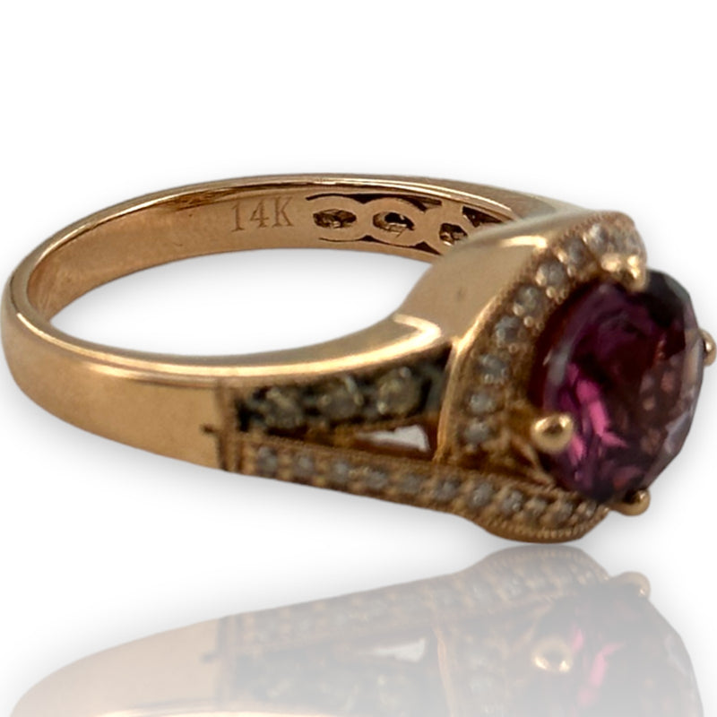 LeVian Solid 14kt Solid Rose Gold and Purple Garnet (Umbalite) Ring with Champagne and White Vanilla Diamond Accents Size 7