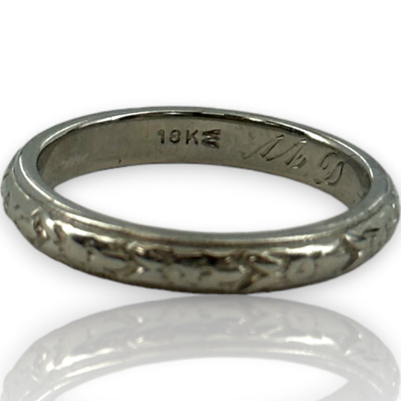 Antique 1911 Wood & Sons (Now ArtCarved) Carved 3mm Band Solid 18kt White Gold Inscribed Feb-26-1911 Wedding Engagement Ring Size 4.5