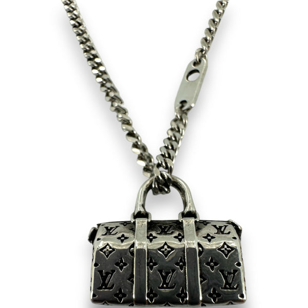 Louis Vuitton Silver Color LV Icons Necklace with Keepall Bag Pendant Monogram Pattern Engraving LV Motif Chain