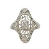Vintage Mid-Century Deco Revival Solid 14kt White Gold Filigree Dinner Ring with Diamond Size 5.75