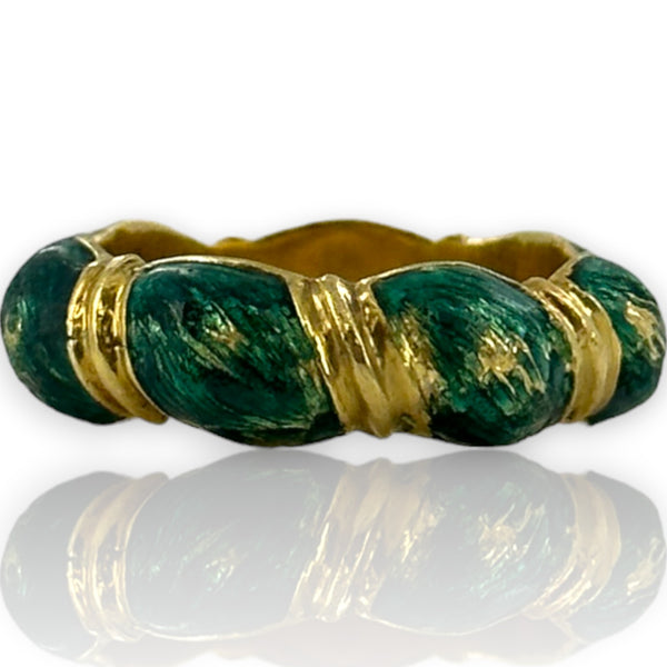 Vintage 1970-80s Victorian Revival Solid 18kt Yellow Gold and Blue-Green Enamel Twist Band Size 6.5 Ring