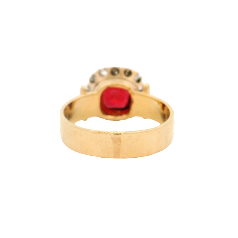 Antique Early 1900s Solid 14kt Yellow Gold and Vivid Red Garnet Ring with Rose Cut Diamond Halo Size 4.5