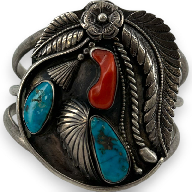 Kelvis Josh Navajo Native American 925 Sterling Silver Large Cuff Bracelet with Natural Pyrite-Included Turquoise and Coral