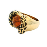 Italian 18kt Yellow Gold, Citrine, and Black Enamel Leopard Print Cocktail Statement Ring Size 6