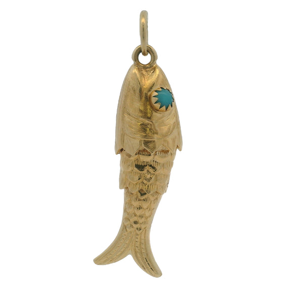 Vintage Italian Solid 18kt Yellow Gold Articulated 1.5" Fish Pendant with Turquoise Eyes