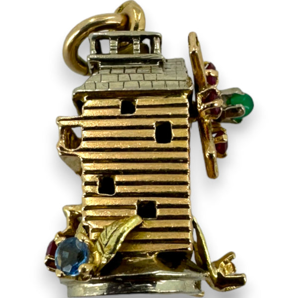 Vintage Solid 14kt Yellow Gold with White Gold Accents Moving Detailed Windmill Charm with Lab Rubies, Sapphires, and Emerald Pendant